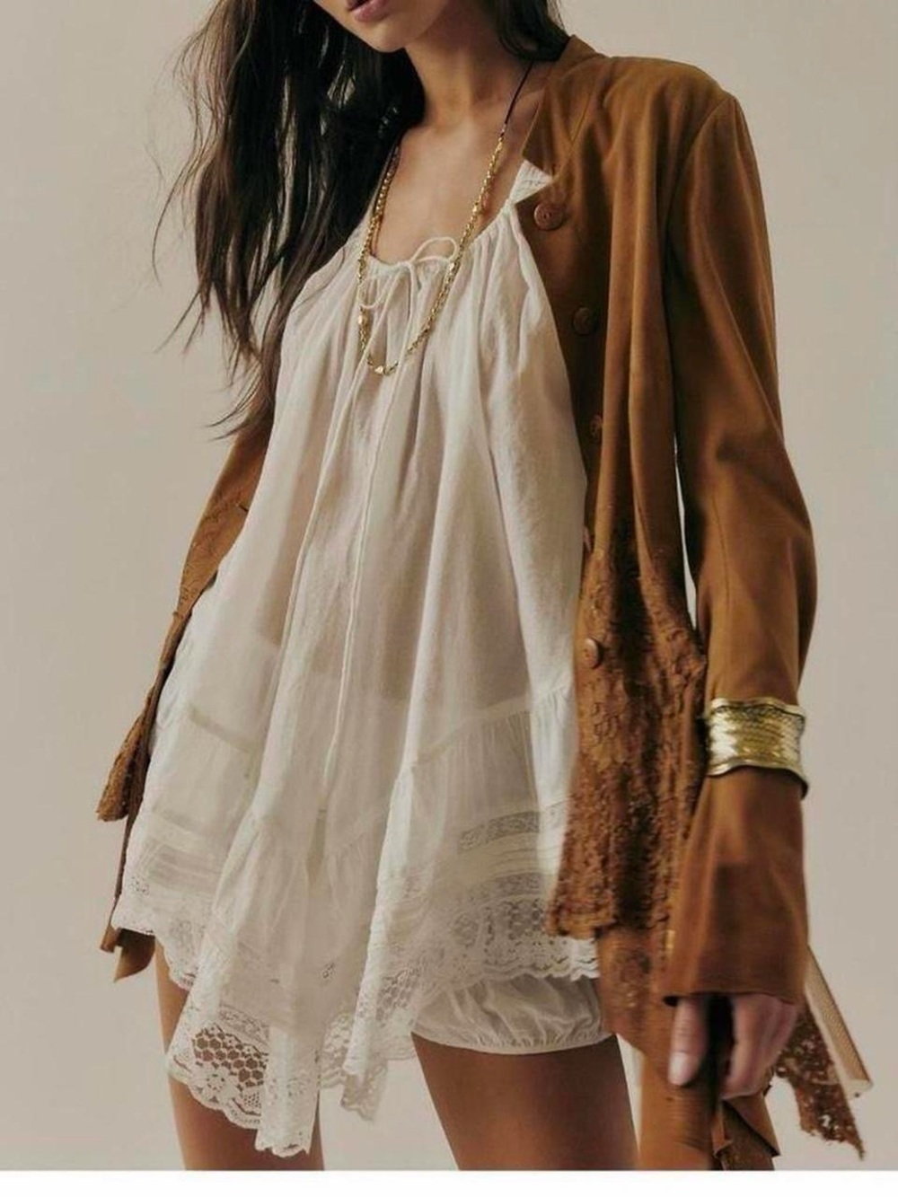 Free People Cream Lace-Trim Peasant Tunic